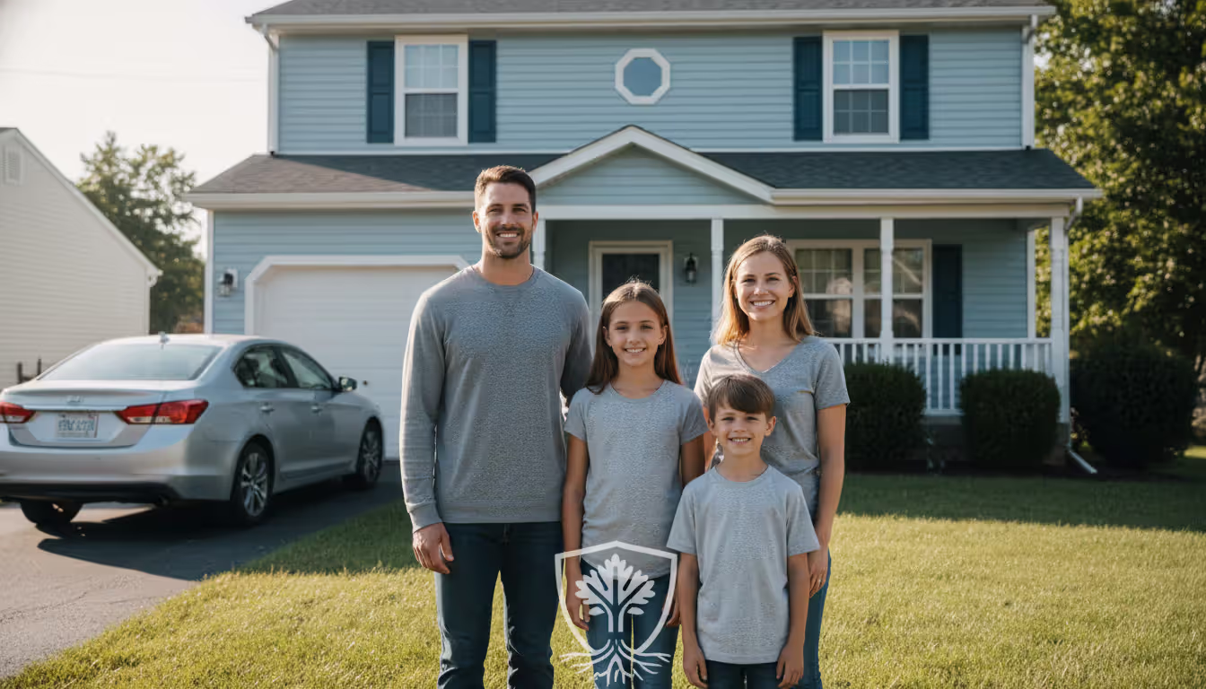 Smiling family standing in front of their modest suburban house with car parked in driveway on a sunny day