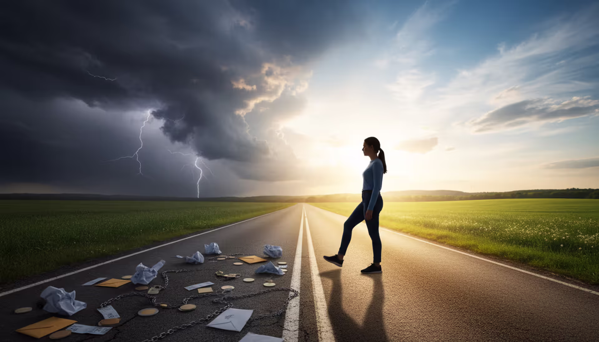 Person standing at a crossroads choosing a bright sunlit path over a dark stormy road symbolizing debt relief and fresh financial start