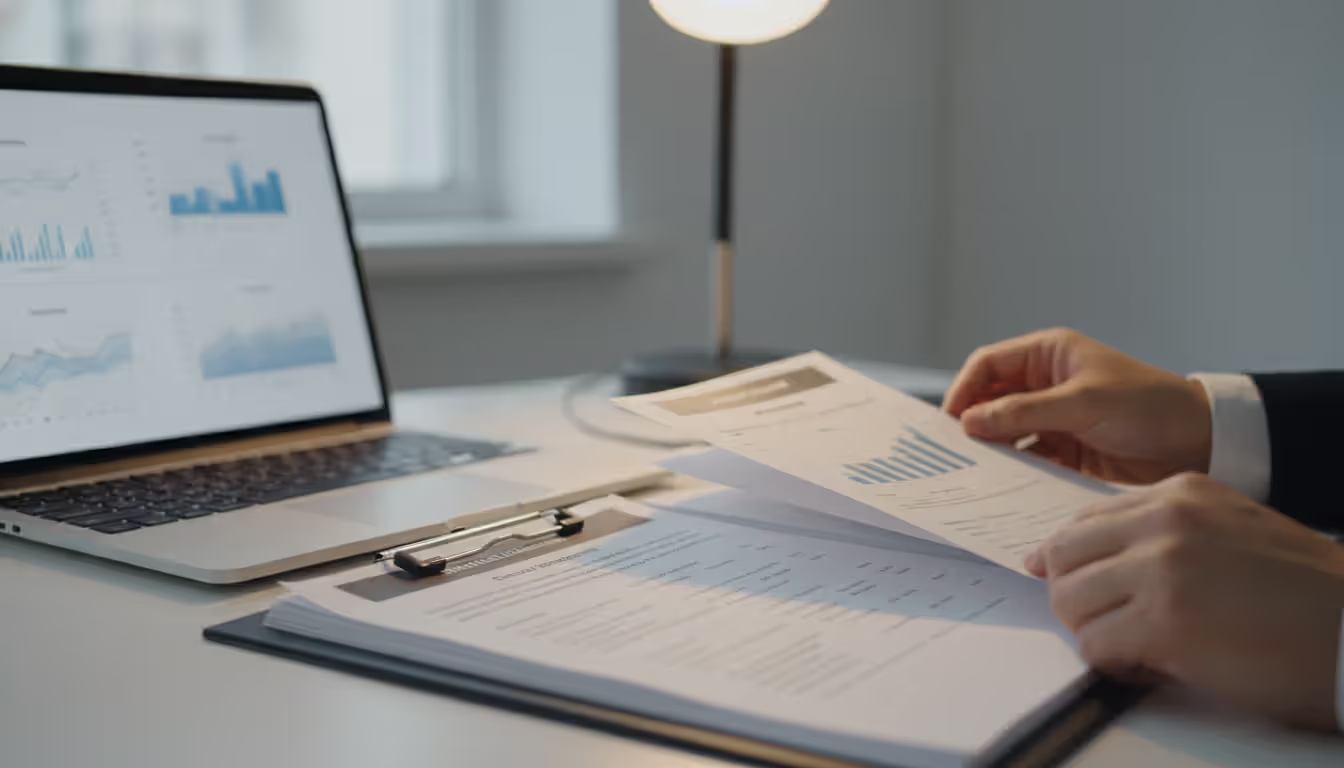 HR specialist reviewing a candidate background check folder at an office desk with a laptop showing abstract data on screen