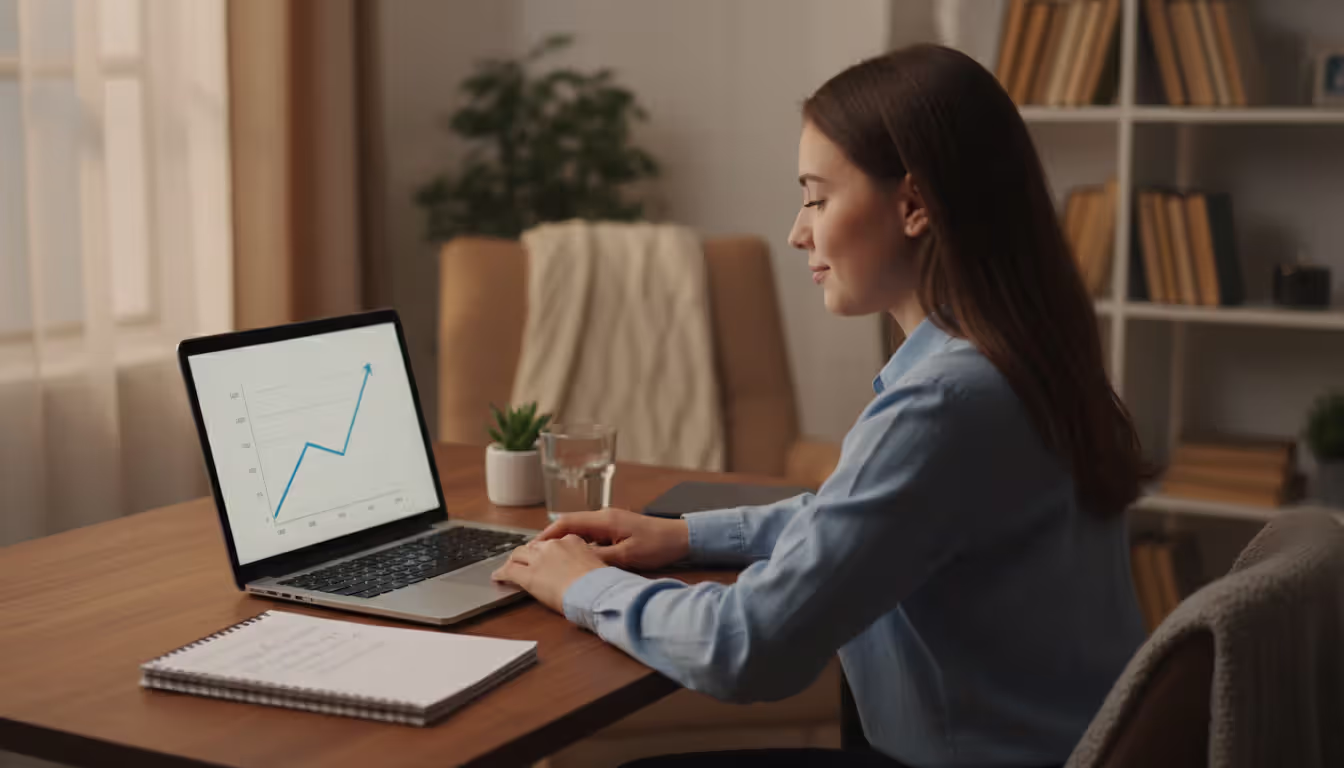 A person sitting at a home desk looking at a laptop screen showing a rising graph line symbolizing credit score improvement in a cozy evening setting