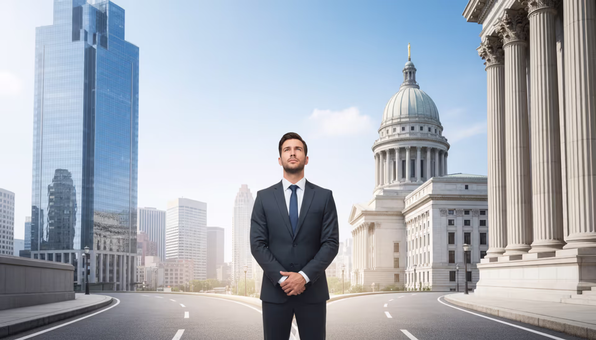 A professional person in a business suit standing at a crossroads between a bright office building and a courthouse, choosing a direction in a modern cityscape