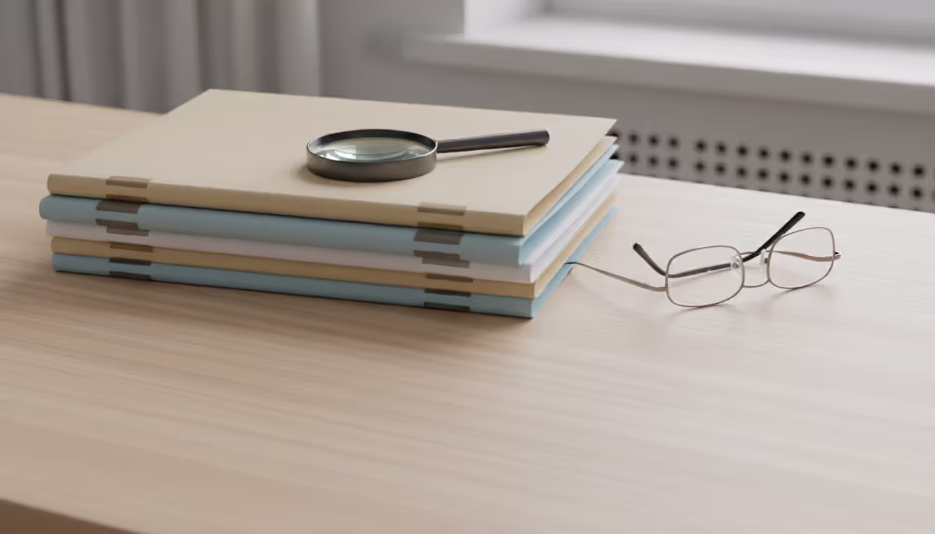 A stack of colorful legal folders on a light wooden desk with a magnifying glass on top and thin-framed glasses nearby symbolizing thorough document review
