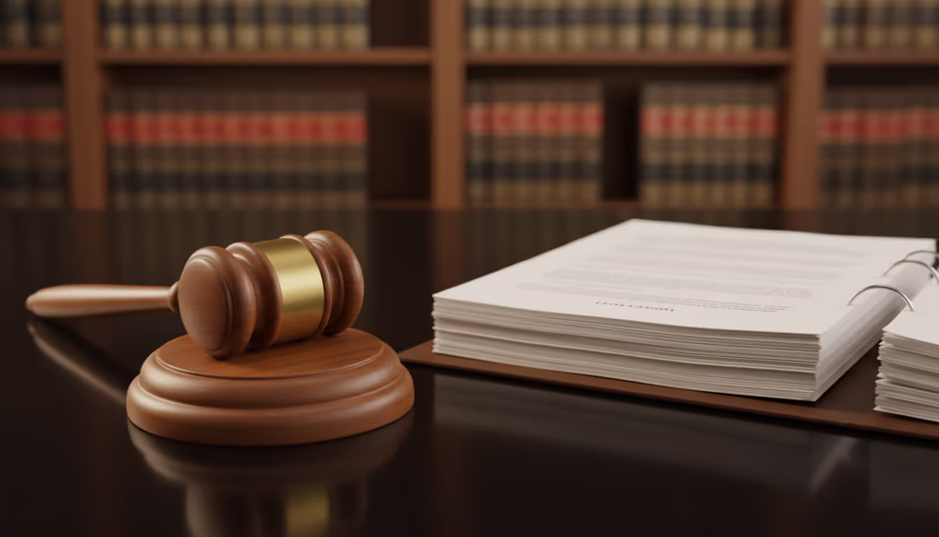 A wooden judge gavel resting on a dark polished desk next to an open legal folder with blurred law bookshelves in the background