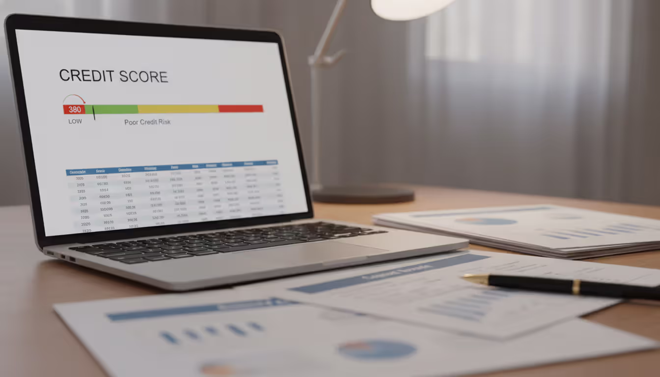 Laptop screen displaying a credit report with a score gauge in the red low zone on a home office desk