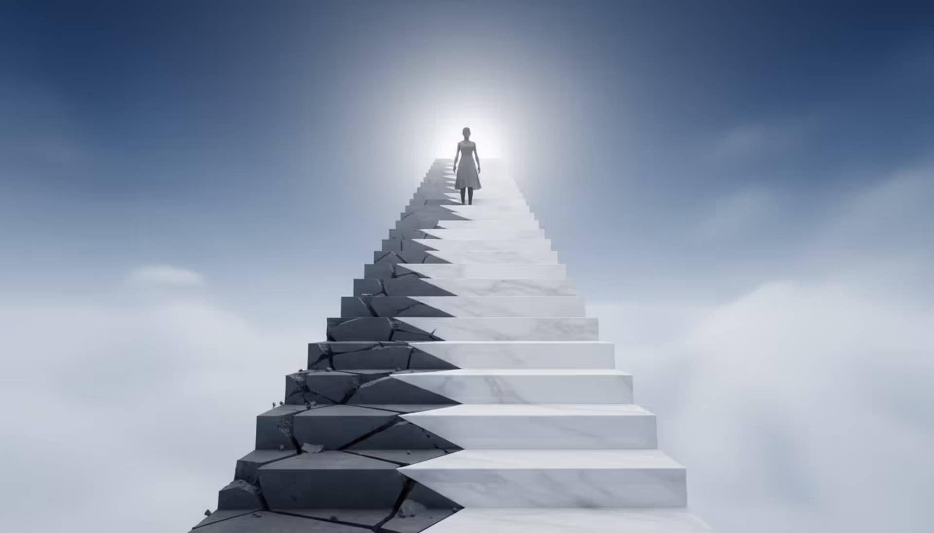 Person standing at the bottom of a long ascending staircase leading toward bright light symbolizing credit score recovery after bankruptcy