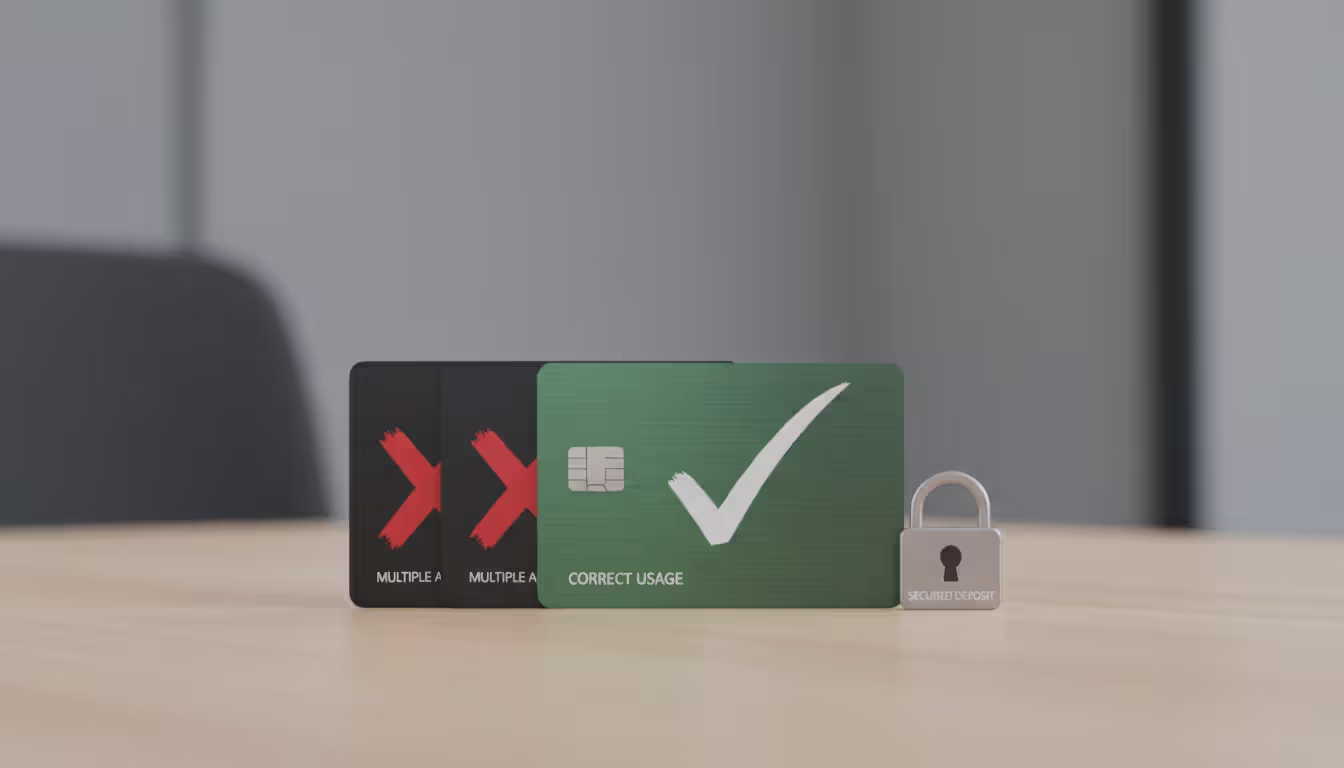 Three credit cards on a desk, one marked with green checkmark and two crossed out in red, illustrating secured card mistakes to avoid after bankruptcy