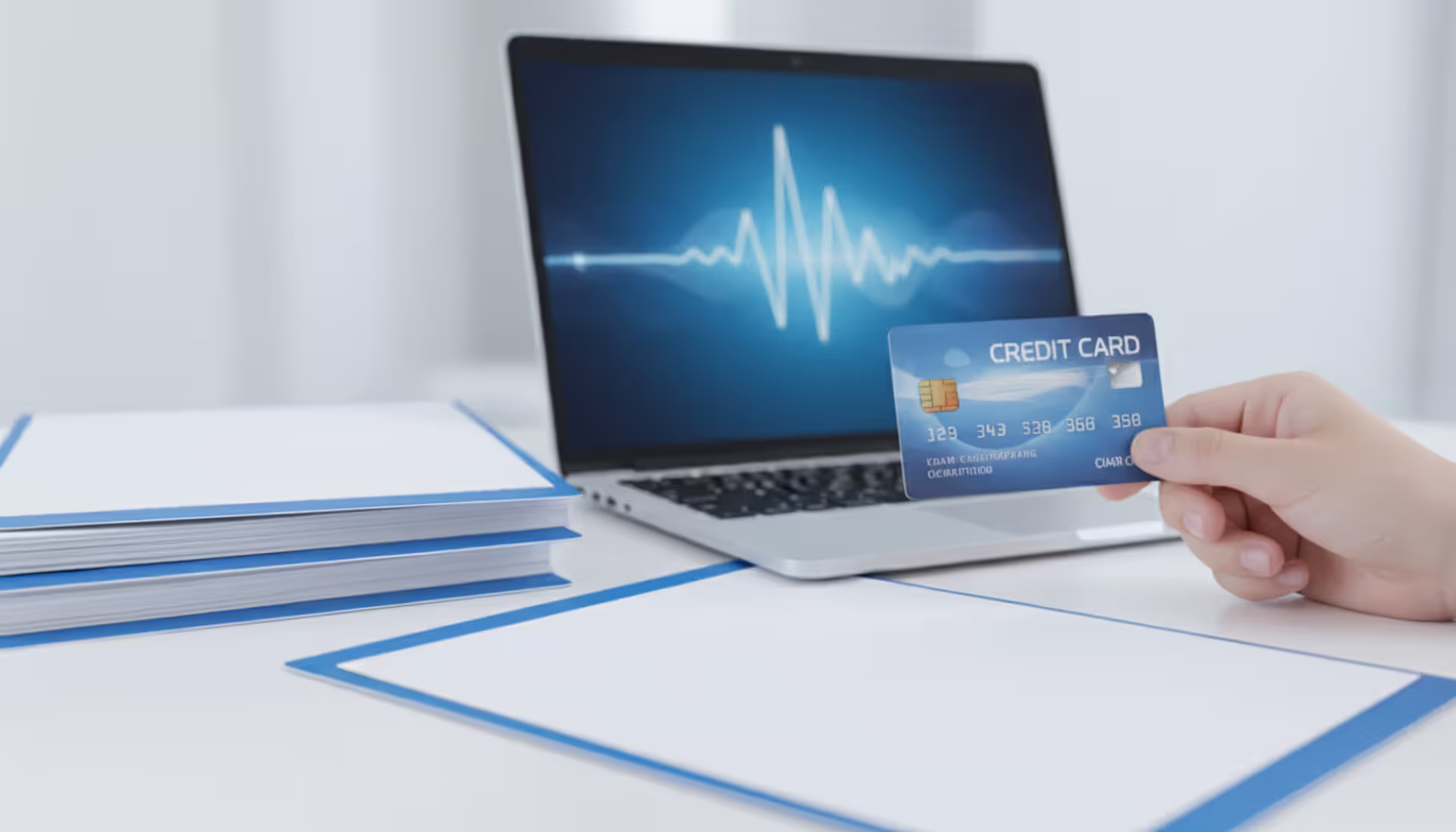 Person holding a credit card at a clean desk with laptop and financial documents, representing fresh financial start after bankruptcy