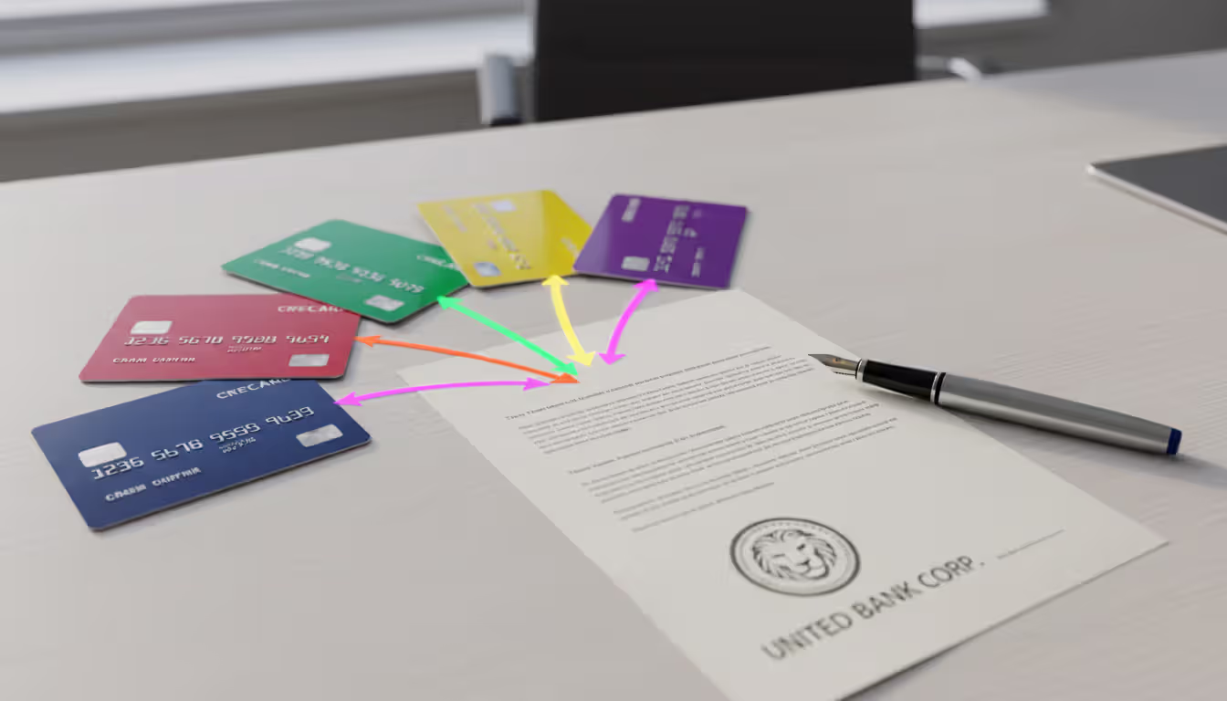 Several colorful credit cards fanning out with arrows converging to a single bank loan document, illustrating debt consolidation concept