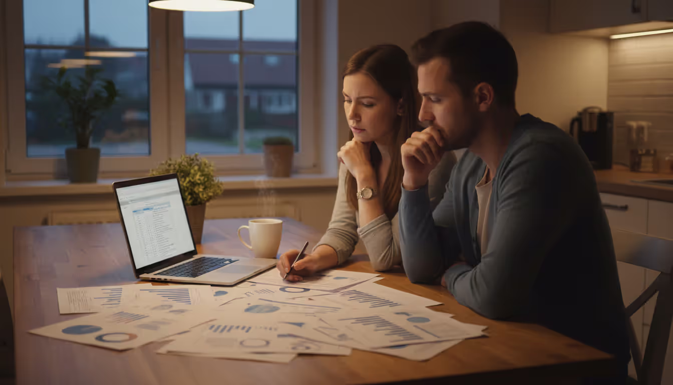 A young couple sitting at a kitchen table reviewing financial documents and a laptop, planning debt repayment together in warm home lighting