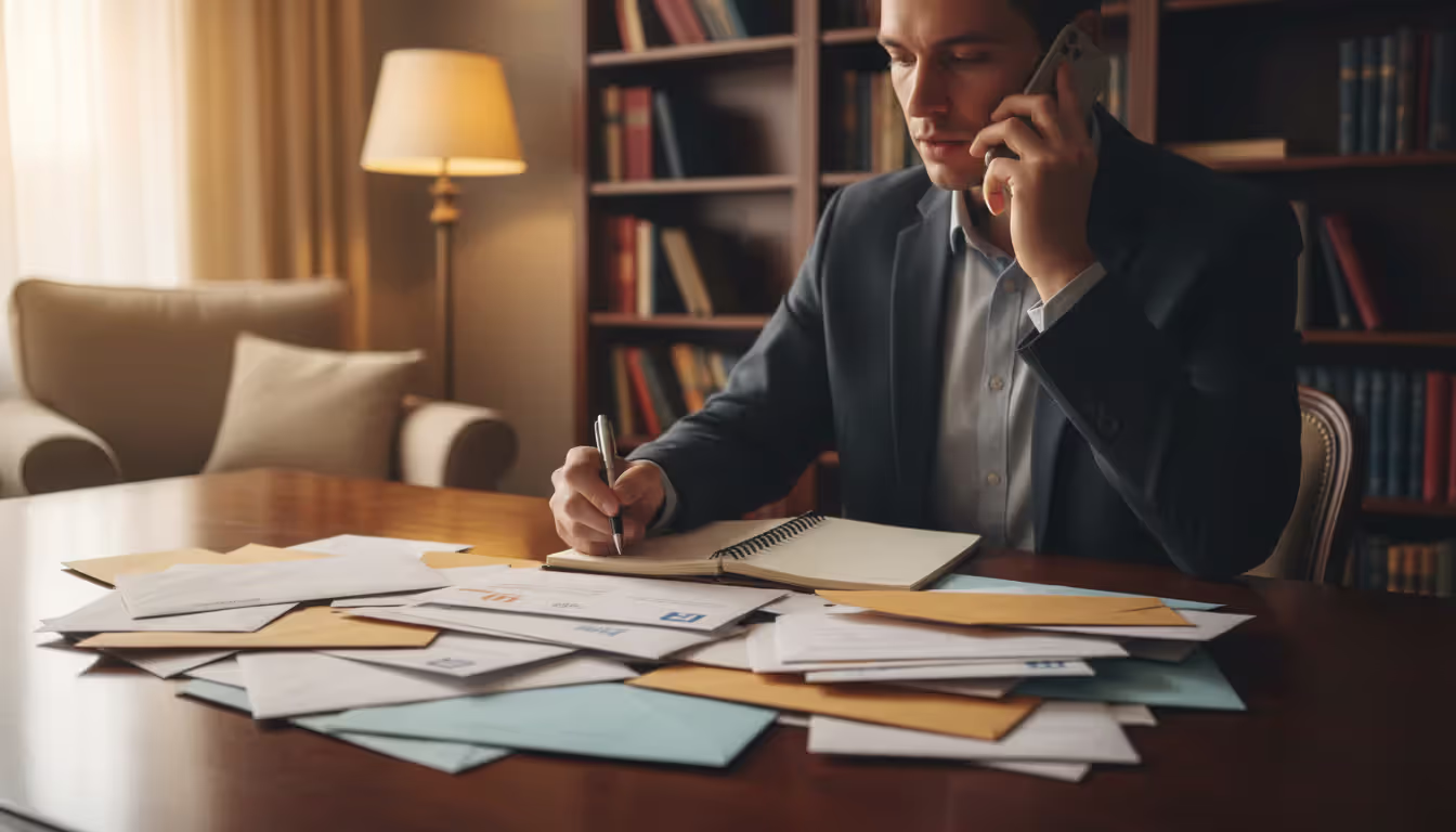 A person in business attire talking on the phone while taking notes at a home office desk with financial letters and envelopes, representing direct creditor negotiation