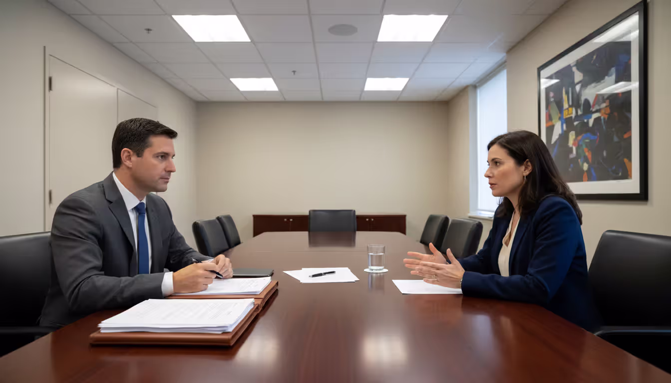 Conference room meeting between a bankruptcy trustee with documents and a debtor across the table in a formal office setting