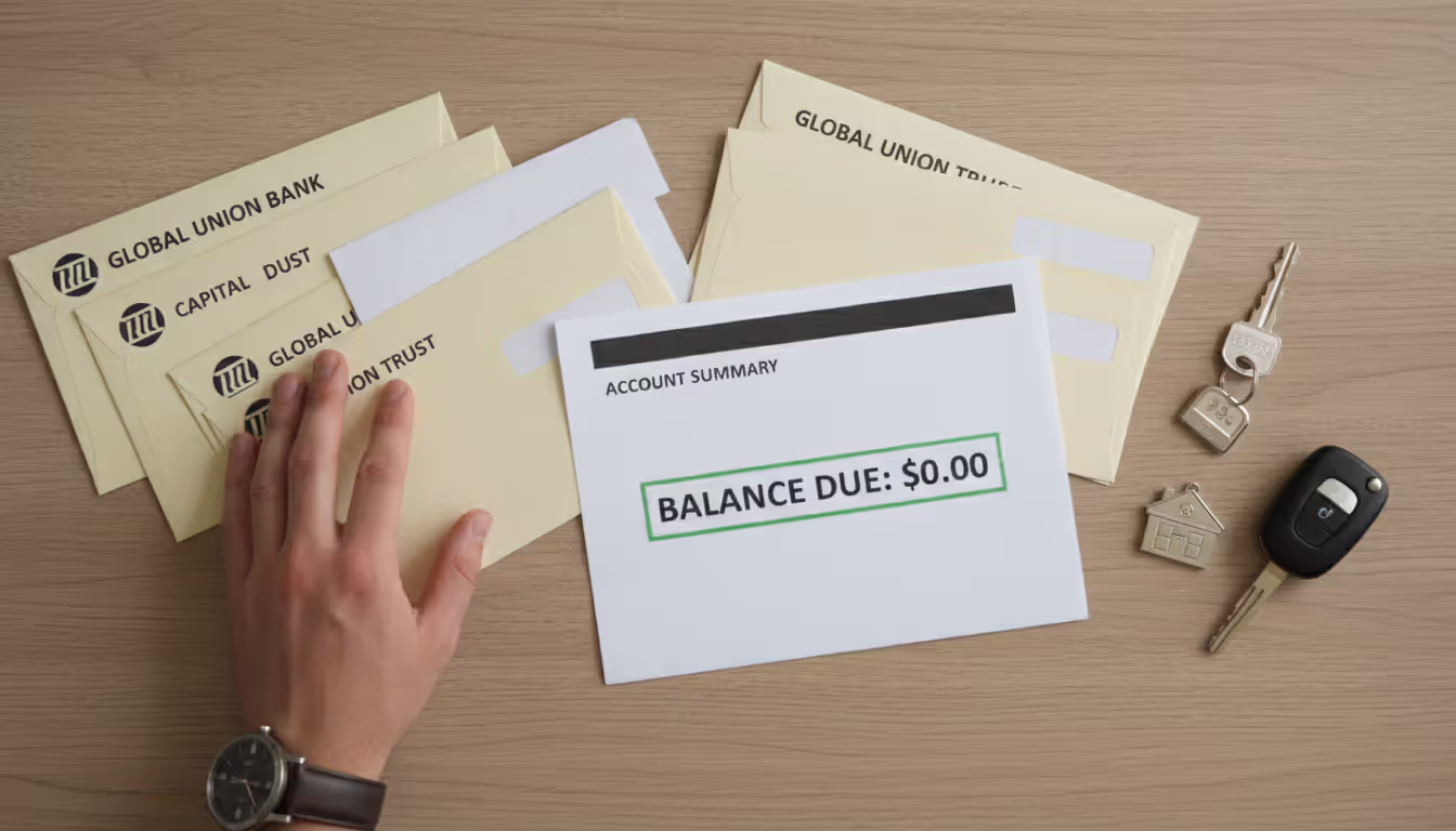 Top-down view of a desk with bank statement showing zero balance, house and car keys, and a person organizing financial documents