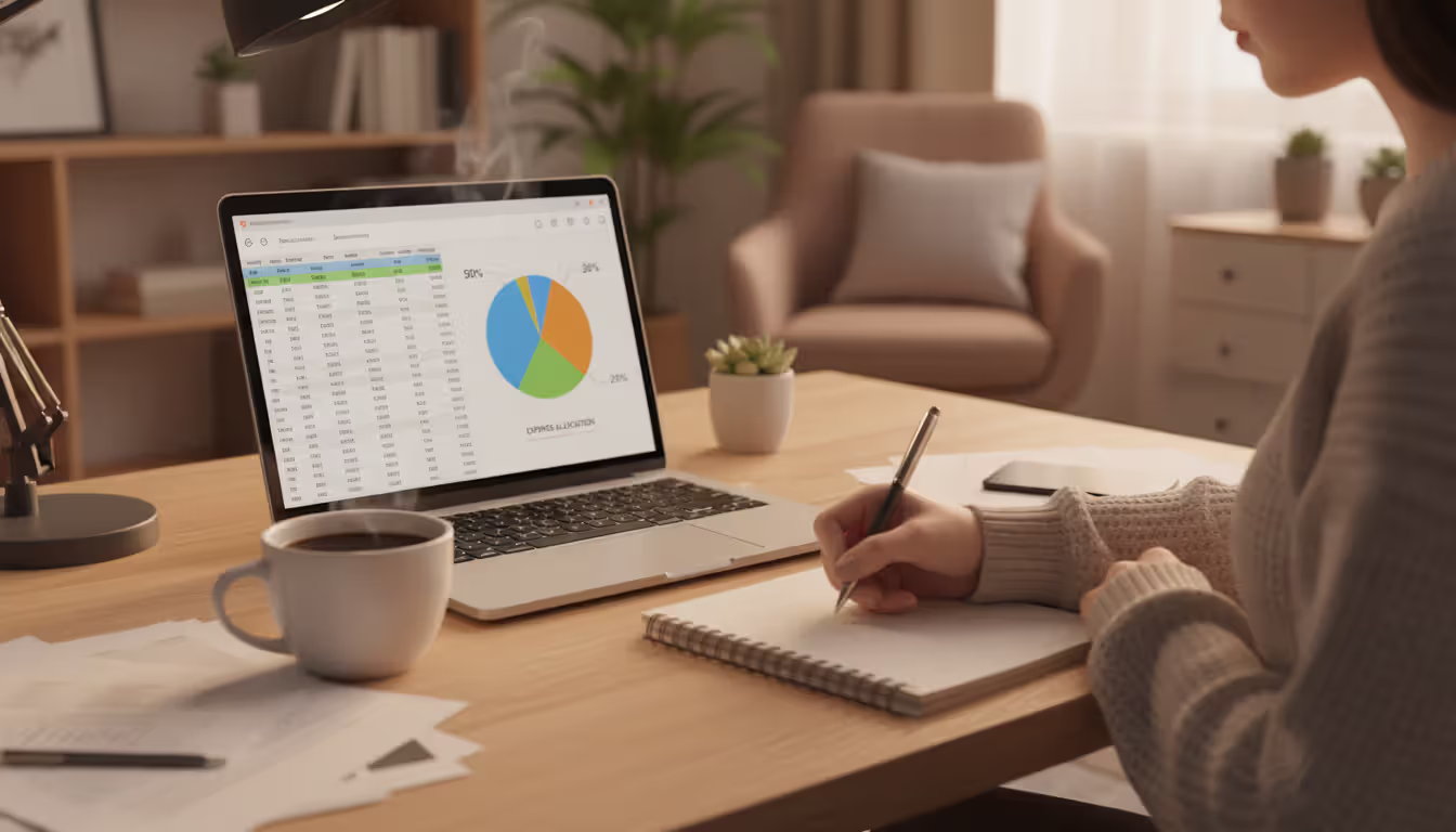 Person sitting at a home desk with a laptop showing a budget pie chart, notebook and pen nearby, warm lighting in a cozy workspace