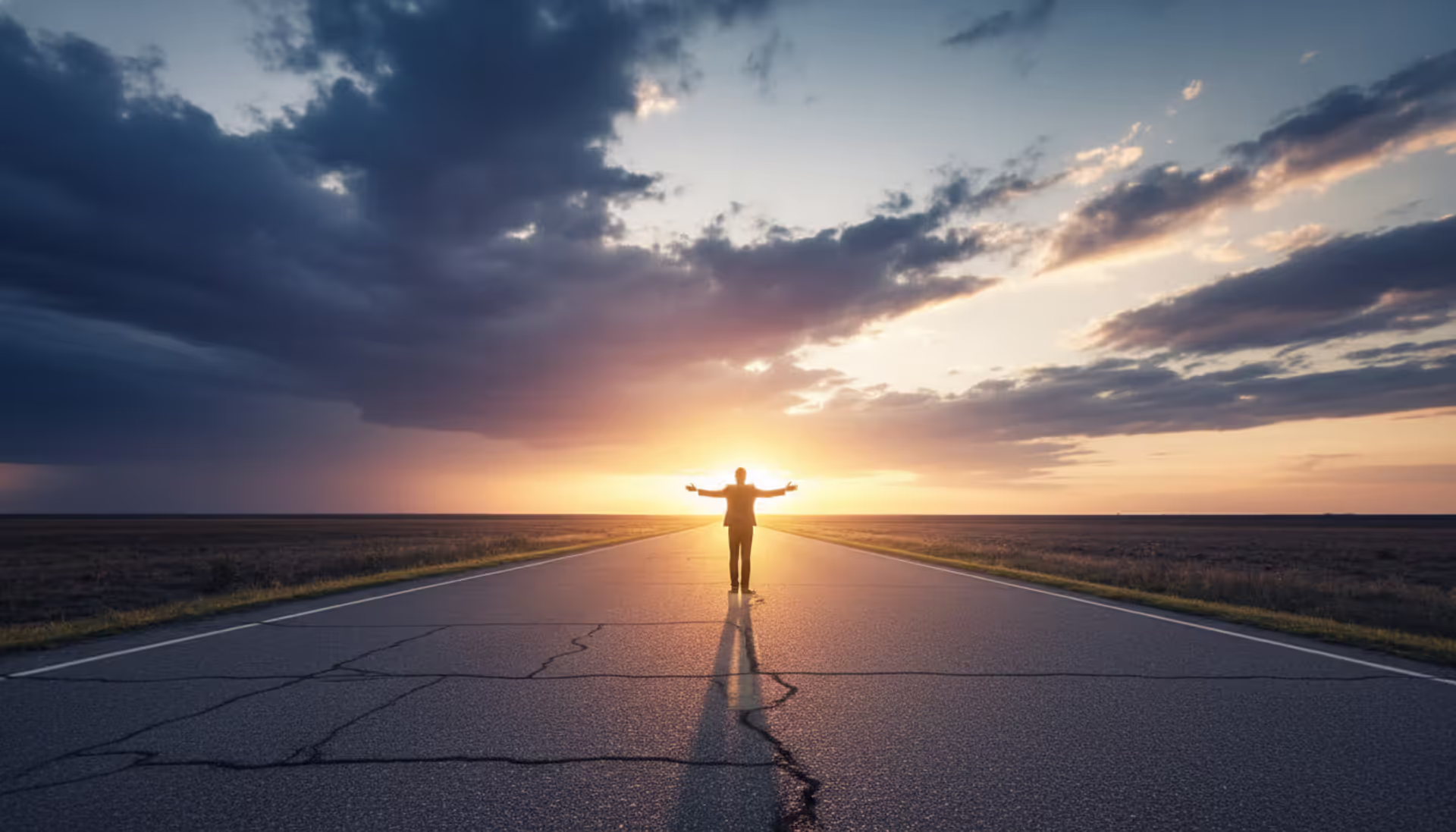 Person standing on a road leading toward a bright sunrise horizon, dark storm clouds behind, symbolizing financial fresh start after bankruptcy