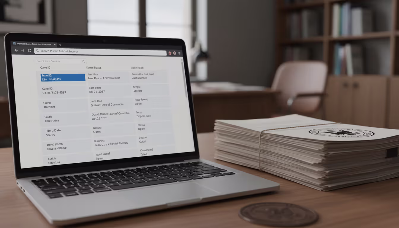 Laptop screen showing a public court records database search page with a stack of official stamped documents beside it in an office setting