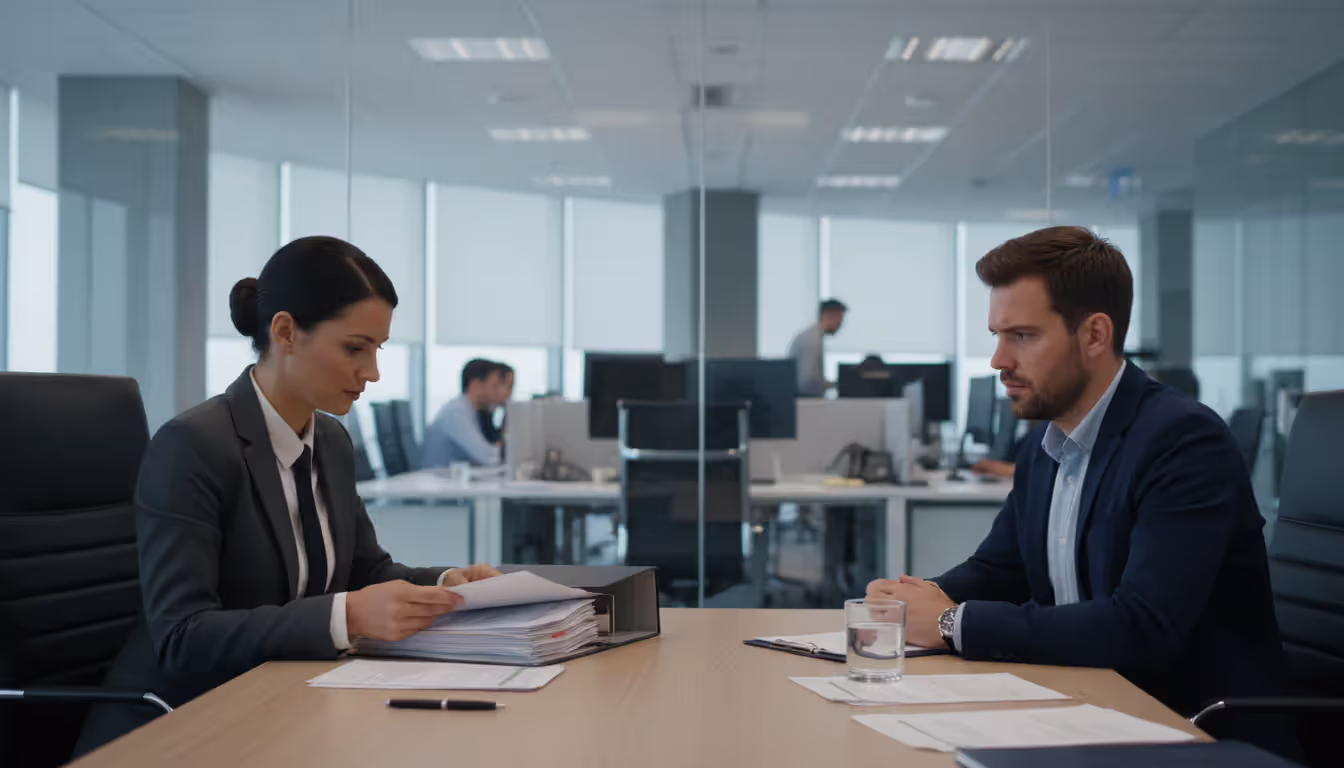 HR specialist reviewing a document folder during a tense job interview with a candidate in a modern glass-walled office meeting room