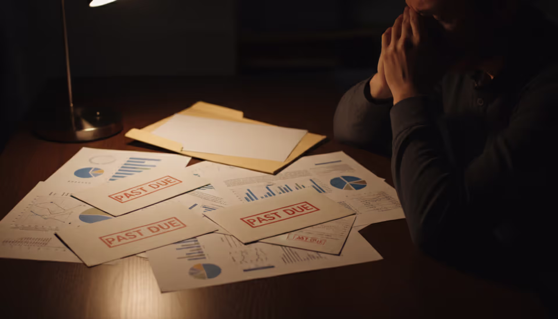 A stressed person pinching the bridge of their nose at a dark desk covered with scattered financial papers and past due envelopes, warm side lamp lighting