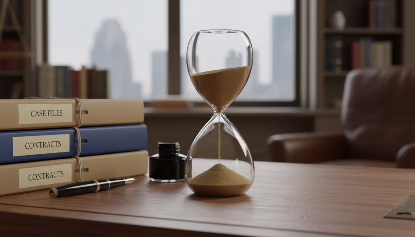 An hourglass on a wooden desk next to legal folders and a pen symbolizing the importance of timing with a blurred office background
