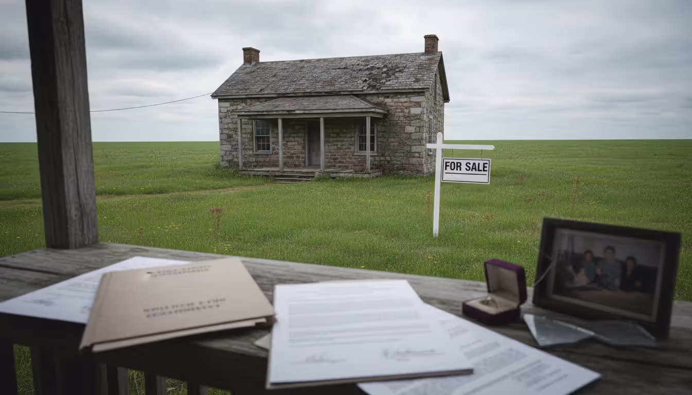 A suburban house with a For Sale sign on the front lawn with blurred legal documents in the foreground on porch railing under a cloudy daytime sky