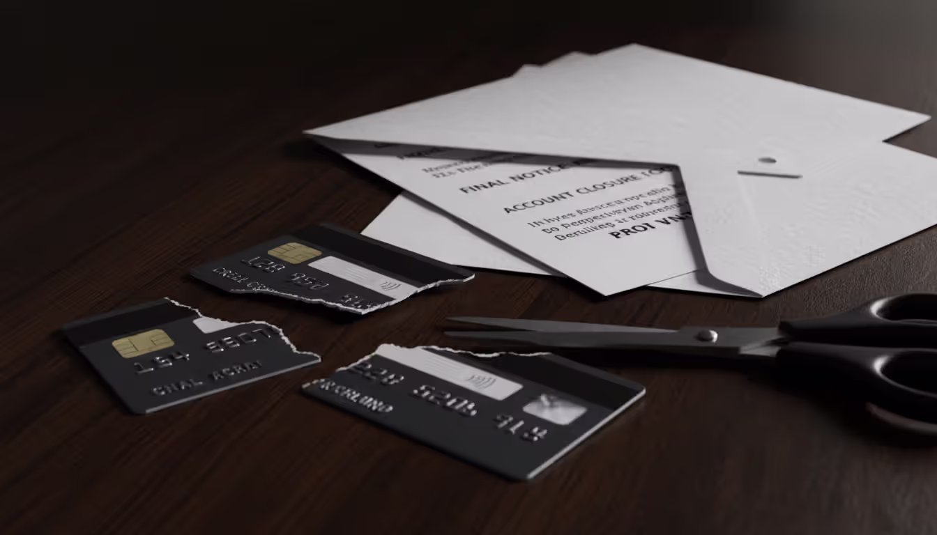 Two credit cards cut in half with scissors on a dark desk surface next to an opened creditor letter envelope with dramatic contrast lighting