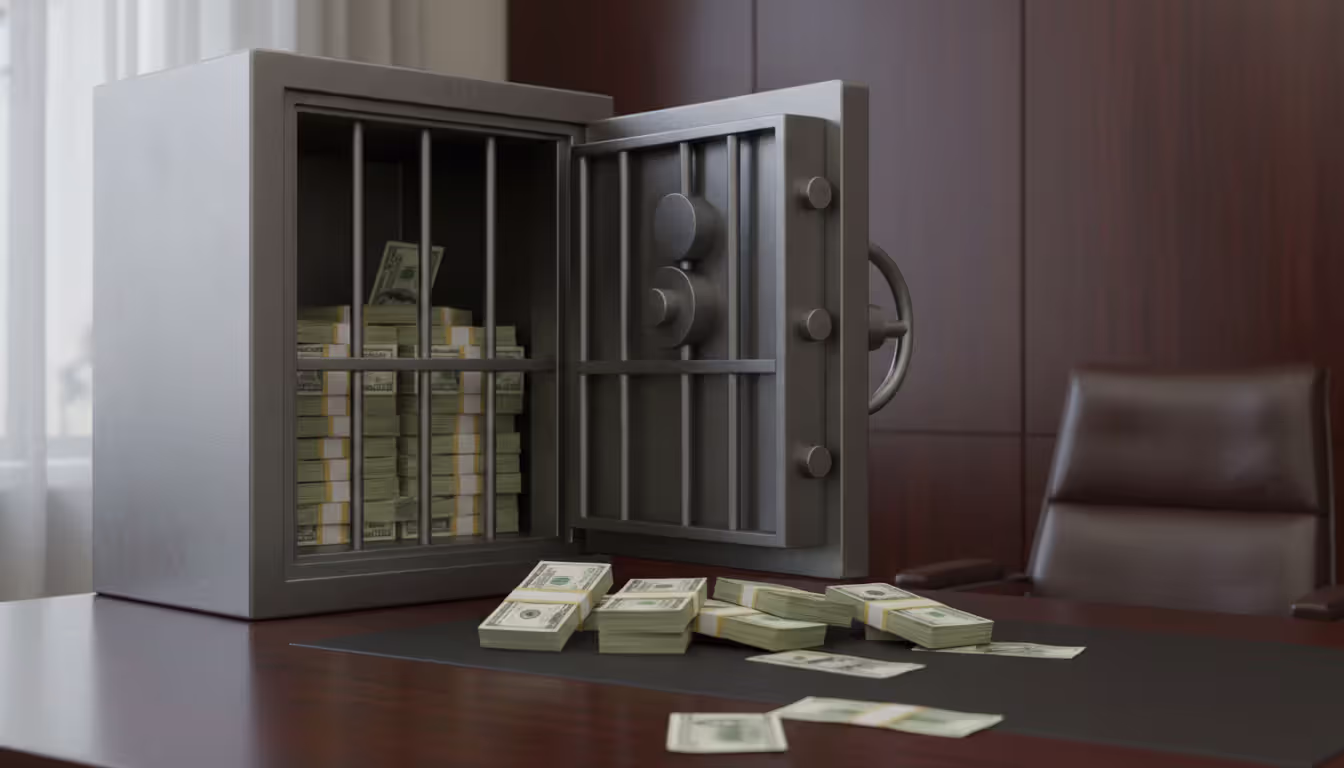Open safe with dollar bills inside contrasted with unprotected cash on table outside the safe