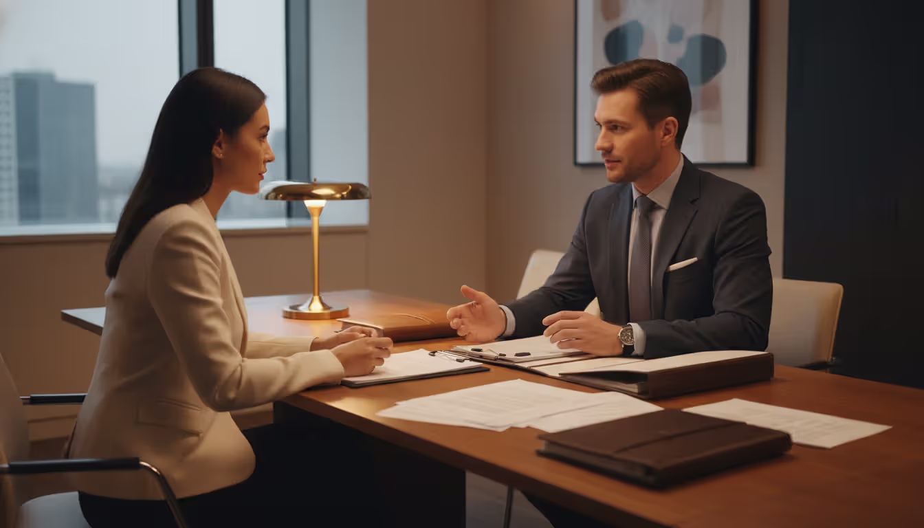 Bankruptcy attorney consulting with client at office desk with legal documents during planning session