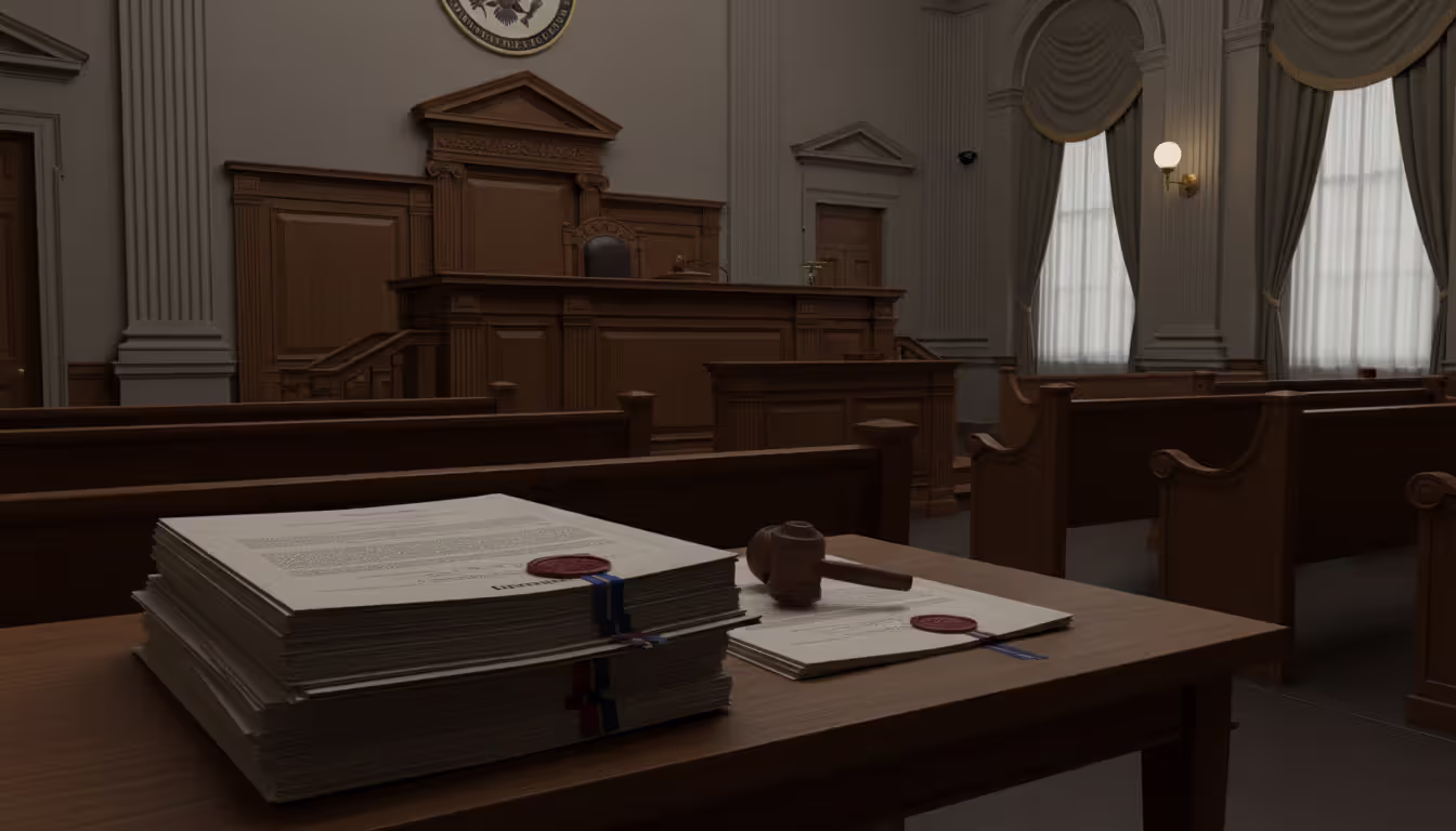 Empty US federal courtroom with judge gavel on the bench and stack of official legal documents in the foreground