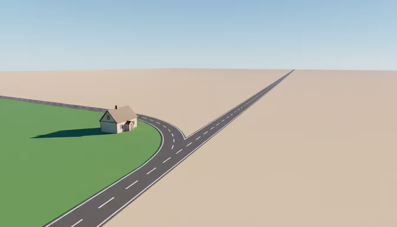 Forked road with one path leading to a small house with green lawn and another path leading to an open empty space symbolizing two bankruptcy choices