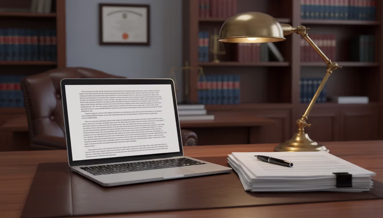 Lawyer desk with open laptop, stack of legal papers, pen, and desk lamp in a professional office setting