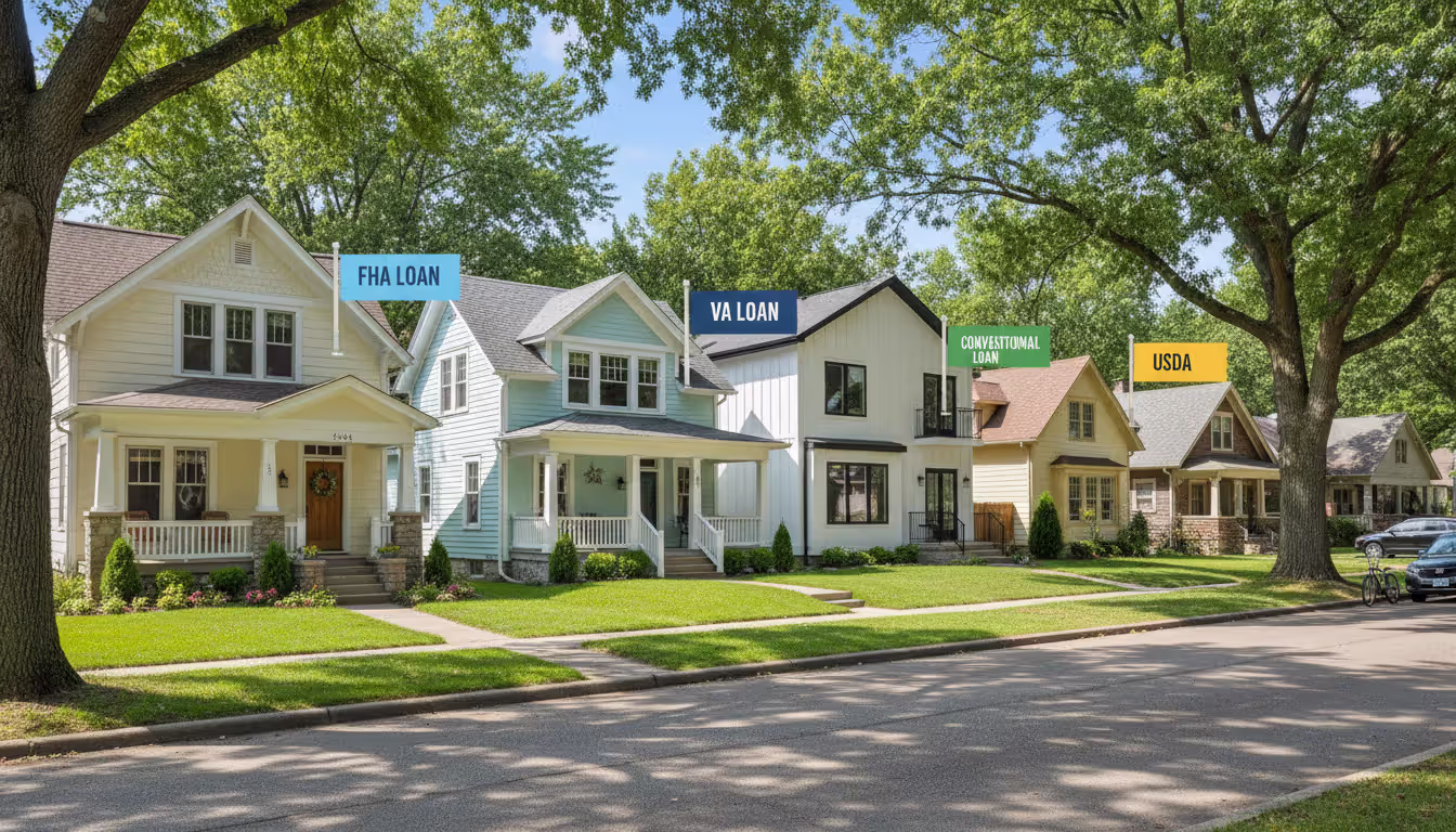 Four different colored suburban houses in a row representing FHA VA conventional and USDA mortgage loan programs