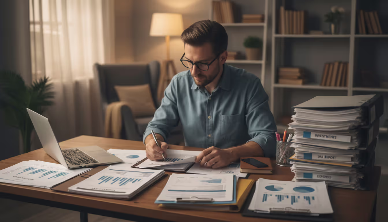 Person sitting at a home desk organizing financial documents and paperwork with a laptop nearby