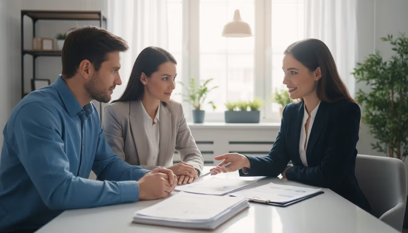 Couple sitting across from a mortgage loan officer in a bright office reviewing home loan documents together