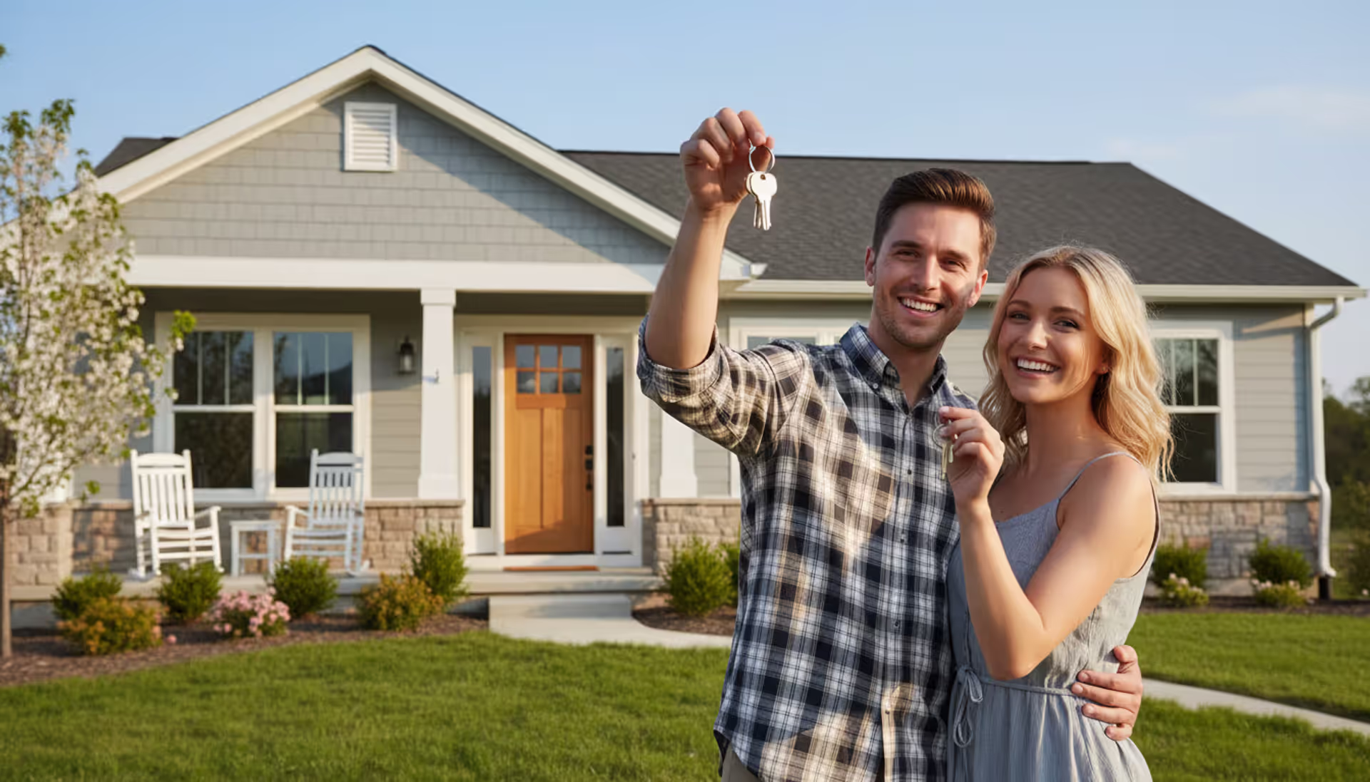 Happy young couple holding house keys in front of their new suburban home on a sunny day