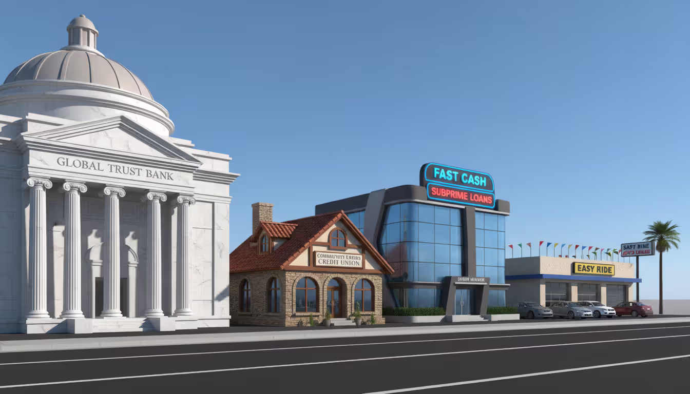 Four different types of financial buildings in a row representing bank, credit union, subprime lender, and buy-here-pay-here dealership on a clean street