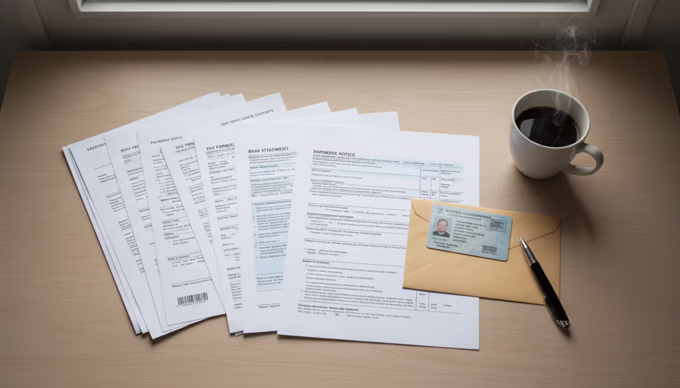 Top-down view of a desk with neatly organized financial documents, pay stubs, tax forms, bank statements, ID card, an official letter, a pen, and a coffee cup in soft daylight