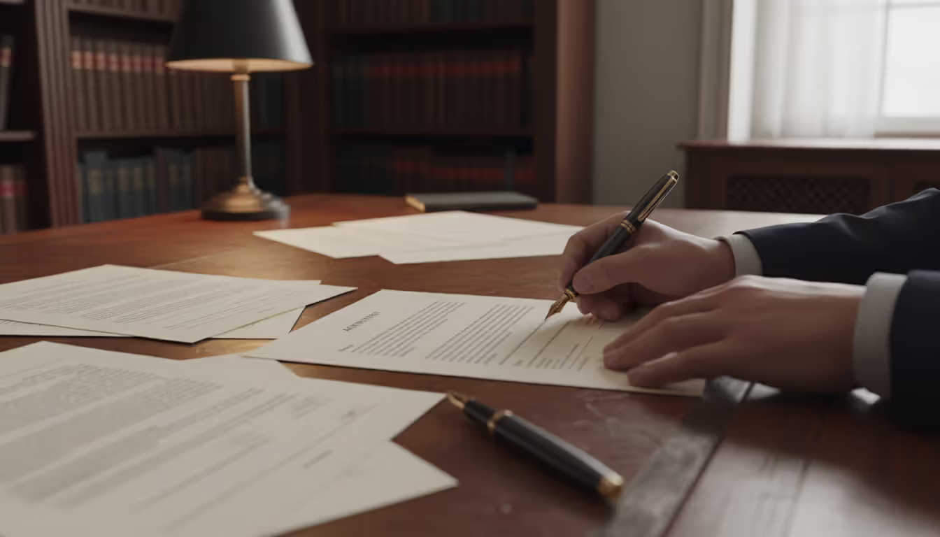 Close-up of hands signing a legal document at a wooden desk in a law office
