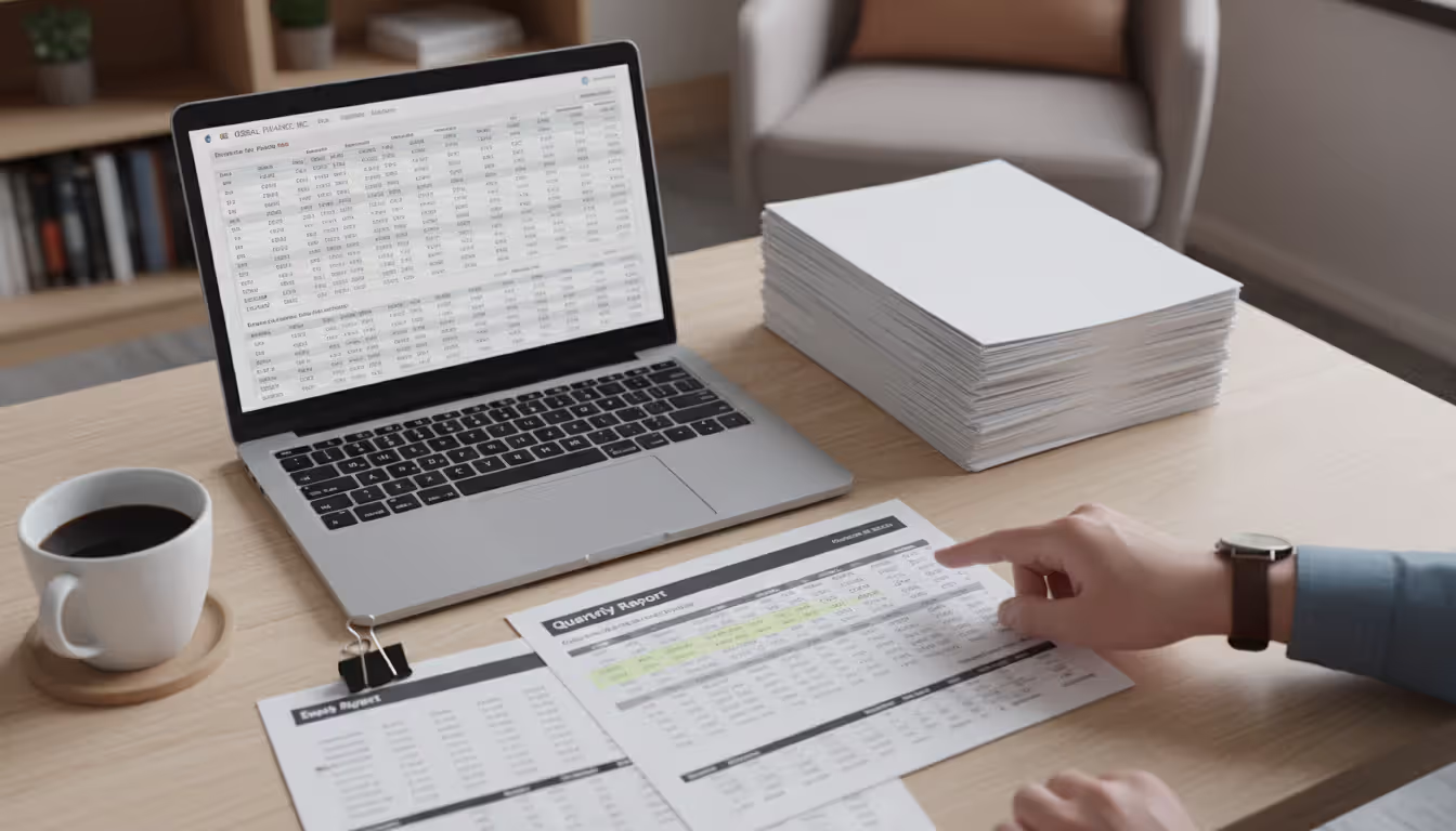 Top-down view of a home office desk with financial documents, a laptop showing a spreadsheet, and a cup of coffee