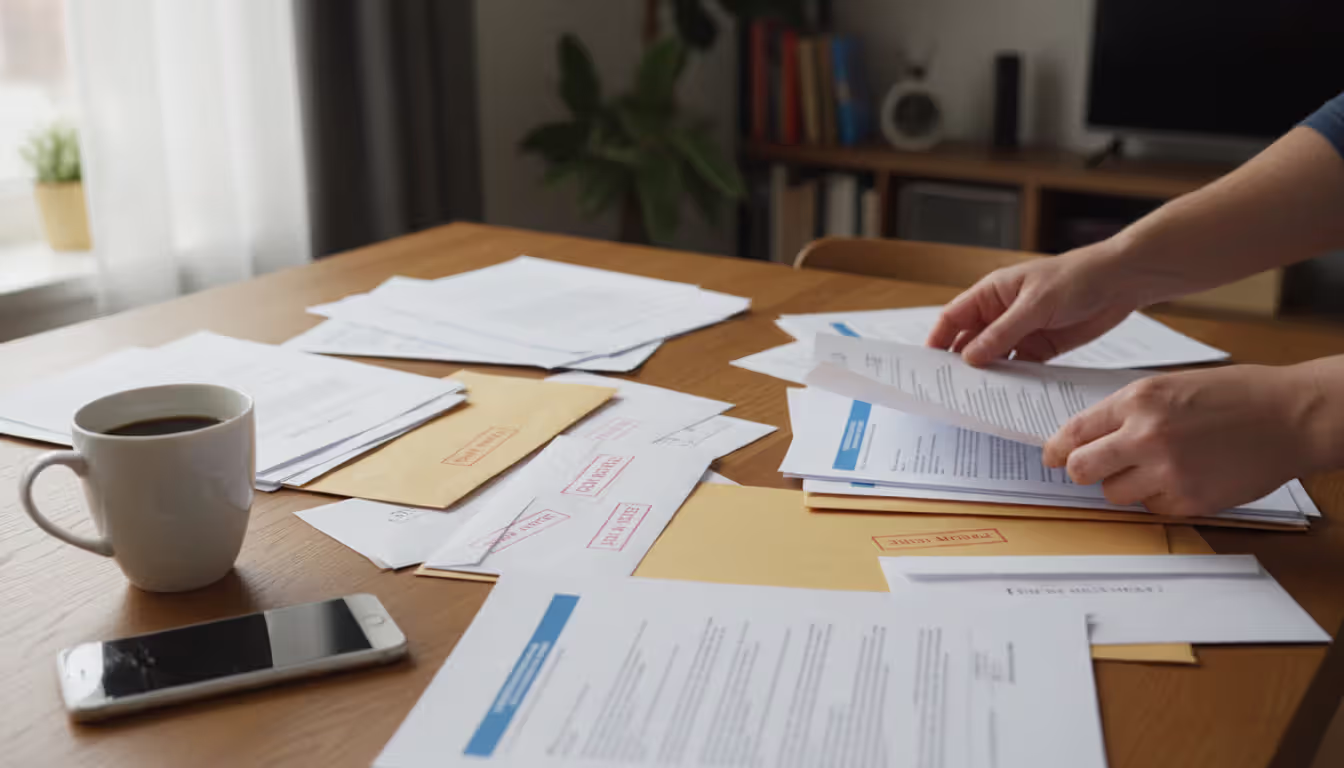 Close-up of hands sorting legal documents and overdue payment notices on a home desk with a coffee cup and smartphone