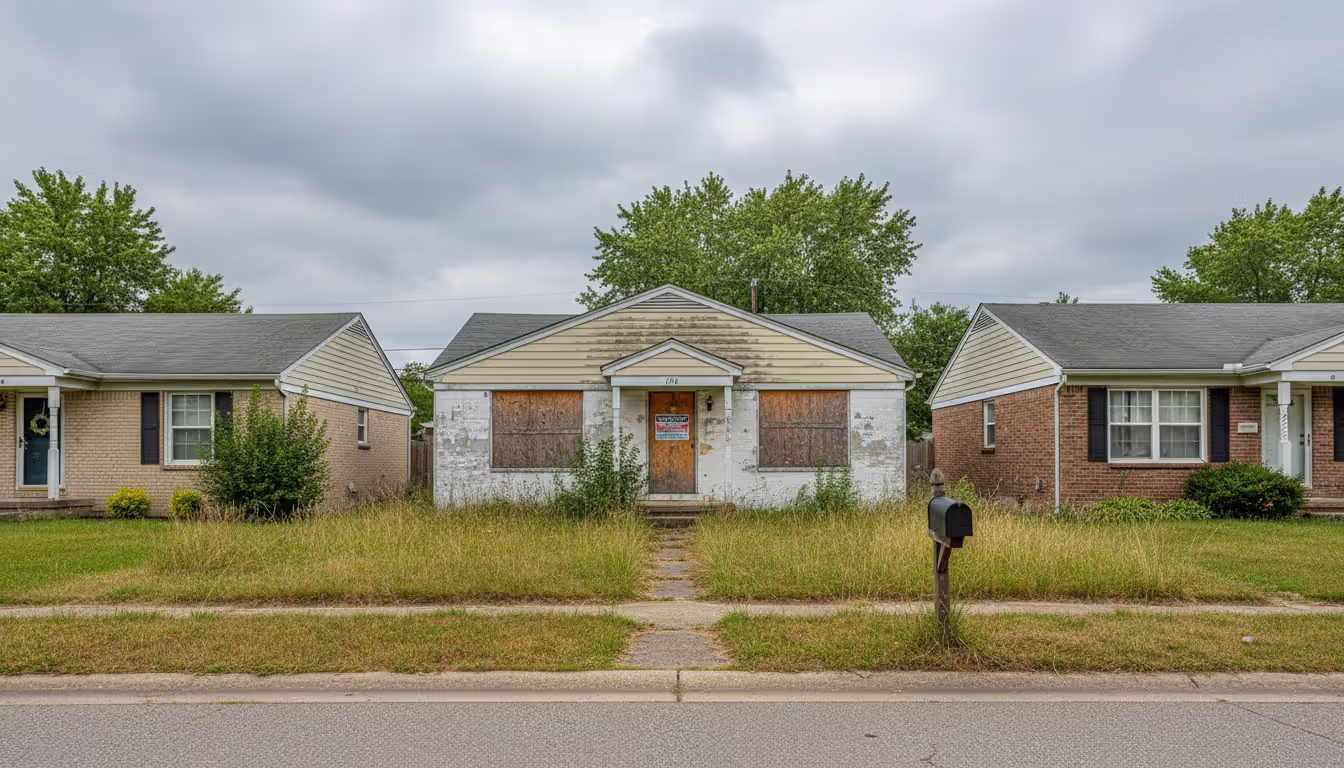 An empty suburban house with a notice on the front door and an overgrown lawn next to well-maintained neighboring homes