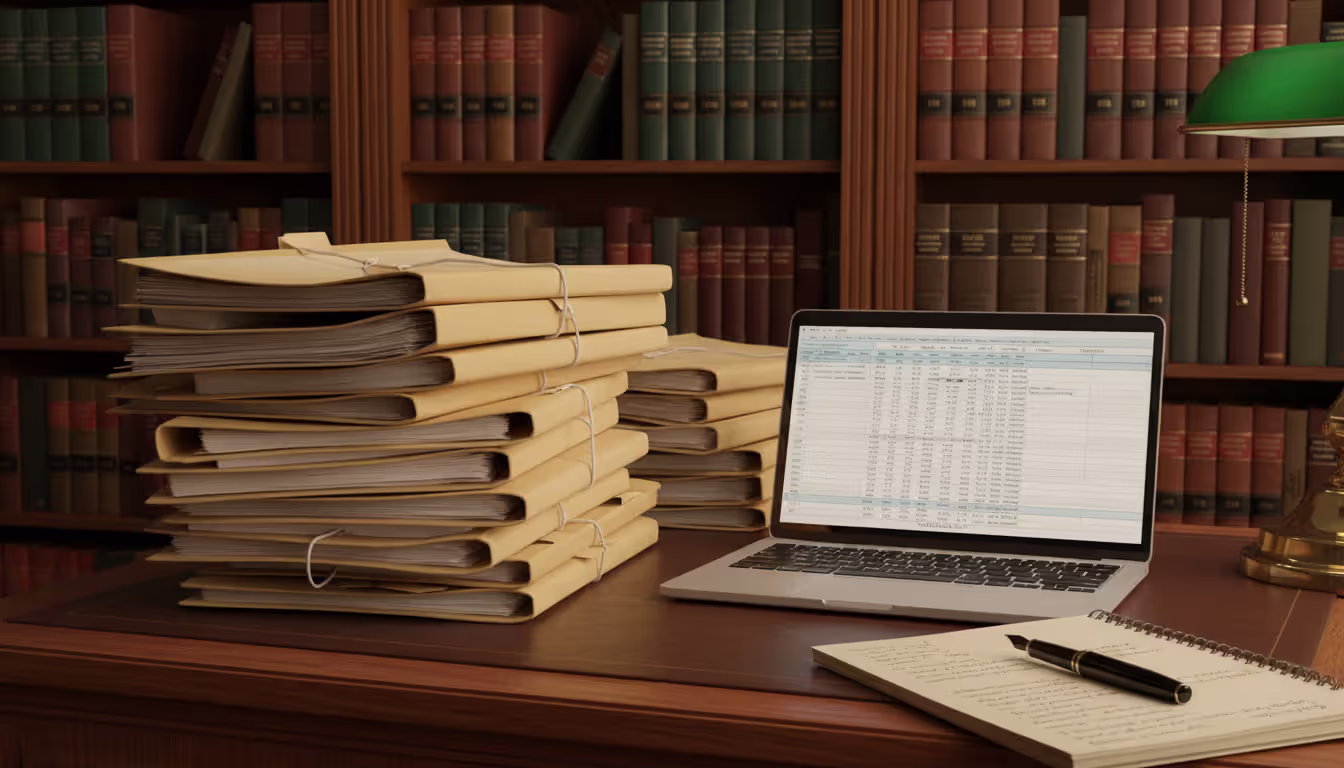 A lawyer's desk with stacked folders, an open laptop, a pen, a notepad, and a bookshelf with legal books in the background