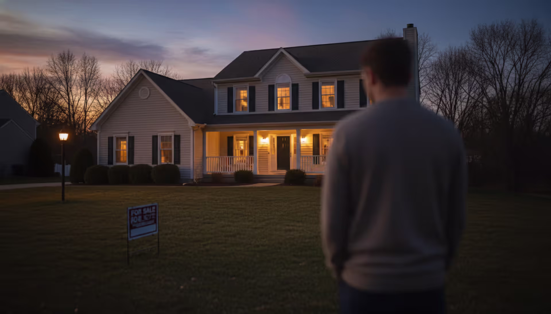 A person standing in front of a suburban house with a for sale sign on the lawn at dusk, seen from behind, conveying financial uncertainty