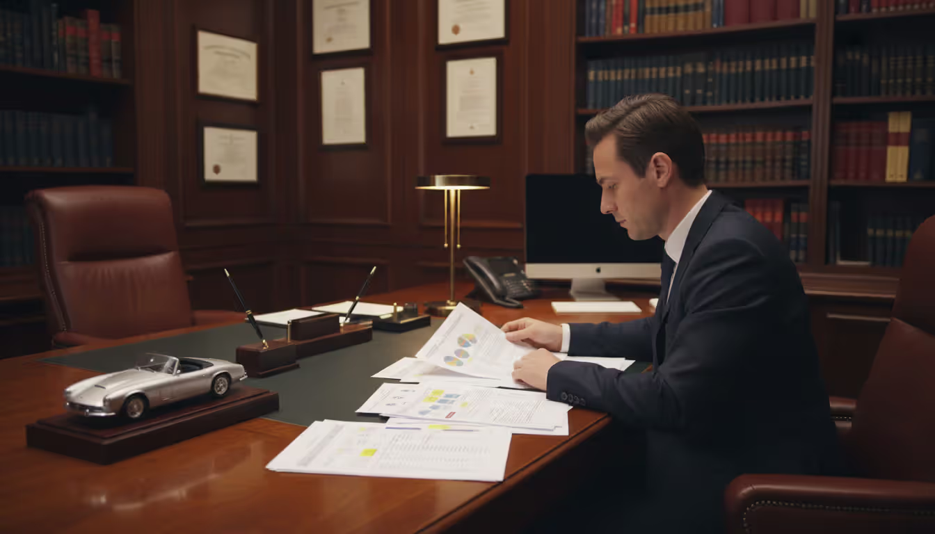 Person reviewing financial documents at office desk with small car model nearby