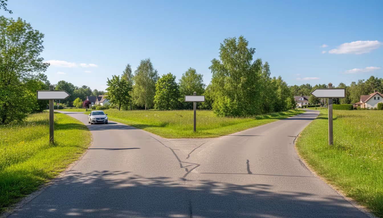 Three-way road fork with directional signs and car driving on one path in suburban landscape