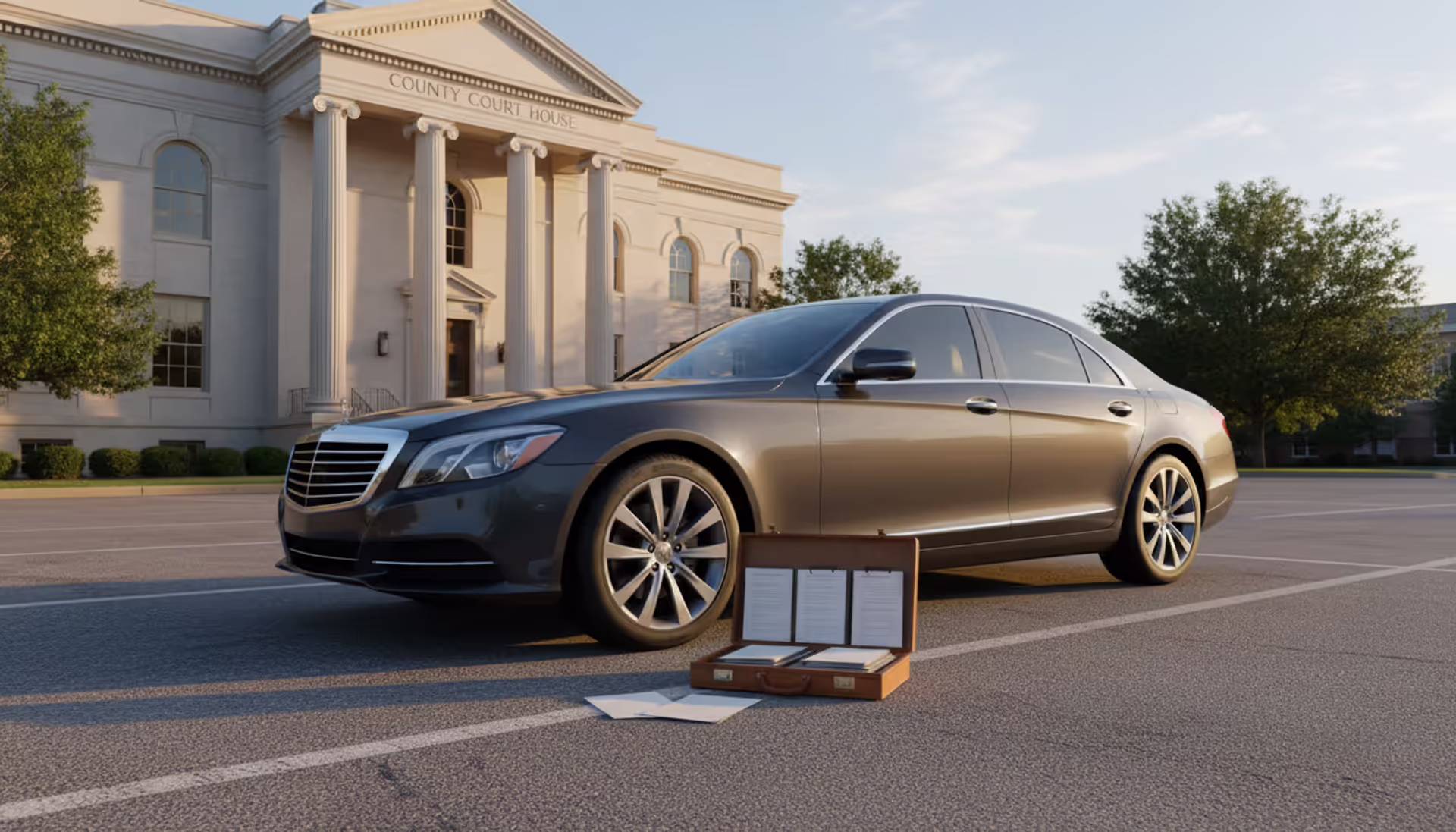 Sedan car parked near a courthouse building with legal document folder beside it