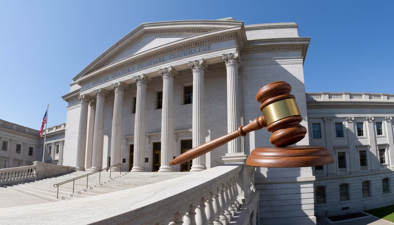 American federal courthouse building exterior with a judges gavel symbolizing bankruptcy court proceedings
