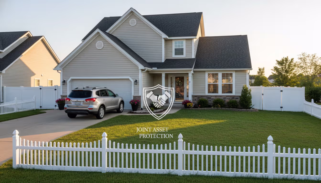 Suburban house with a family car parked in the driveway surrounded by a green yard and white fence representing protected assets in bankruptcy