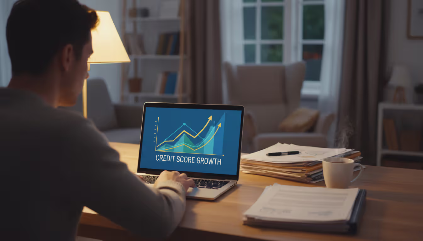A focused person sitting at a home desk with a laptop showing upward trending graphs and a neat stack of documents and a coffee cup under warm lamp light