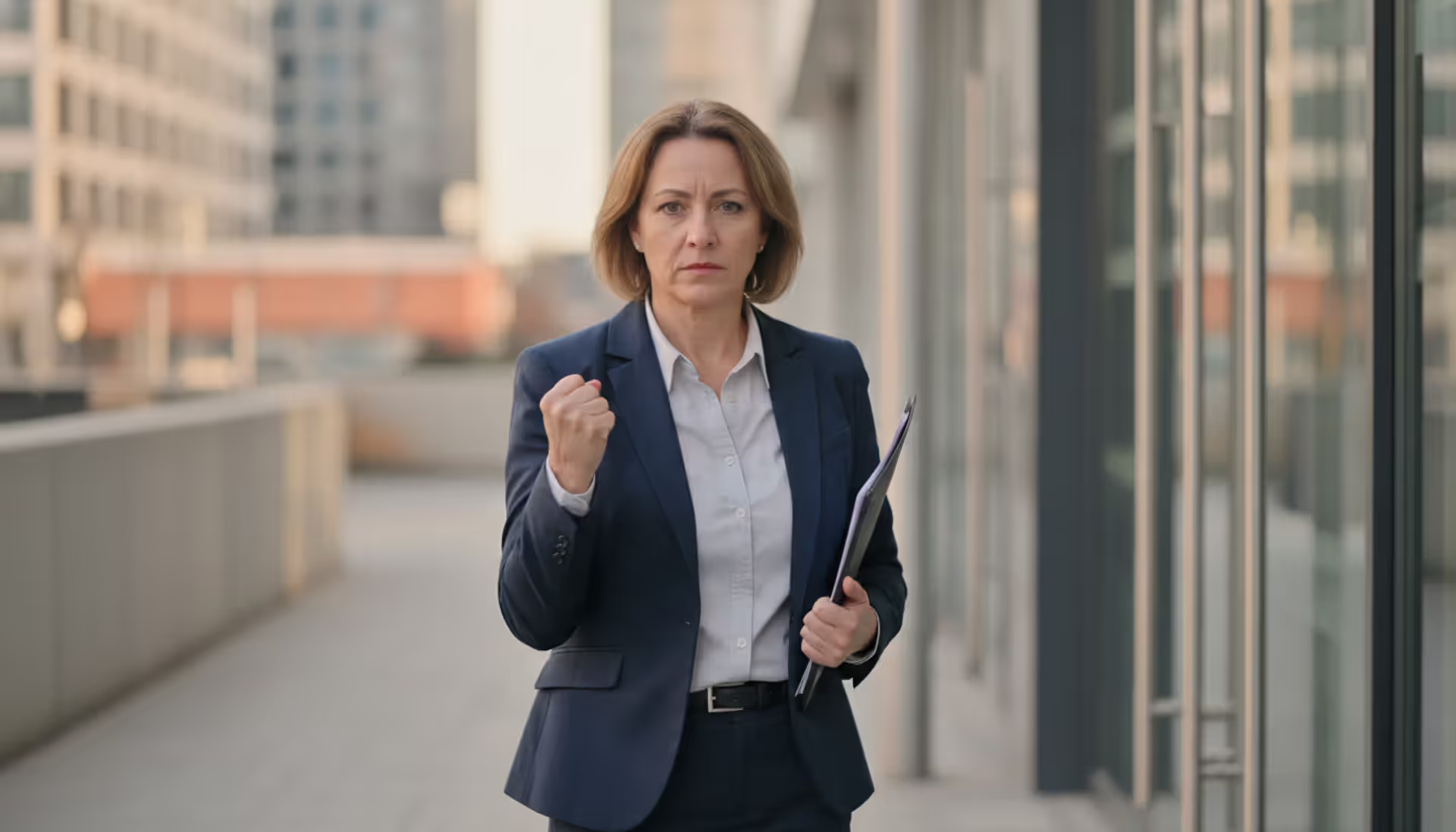 A determined middle-aged person in business casual clothing standing outside an office building holding a folder of documents with a cityscape in the background