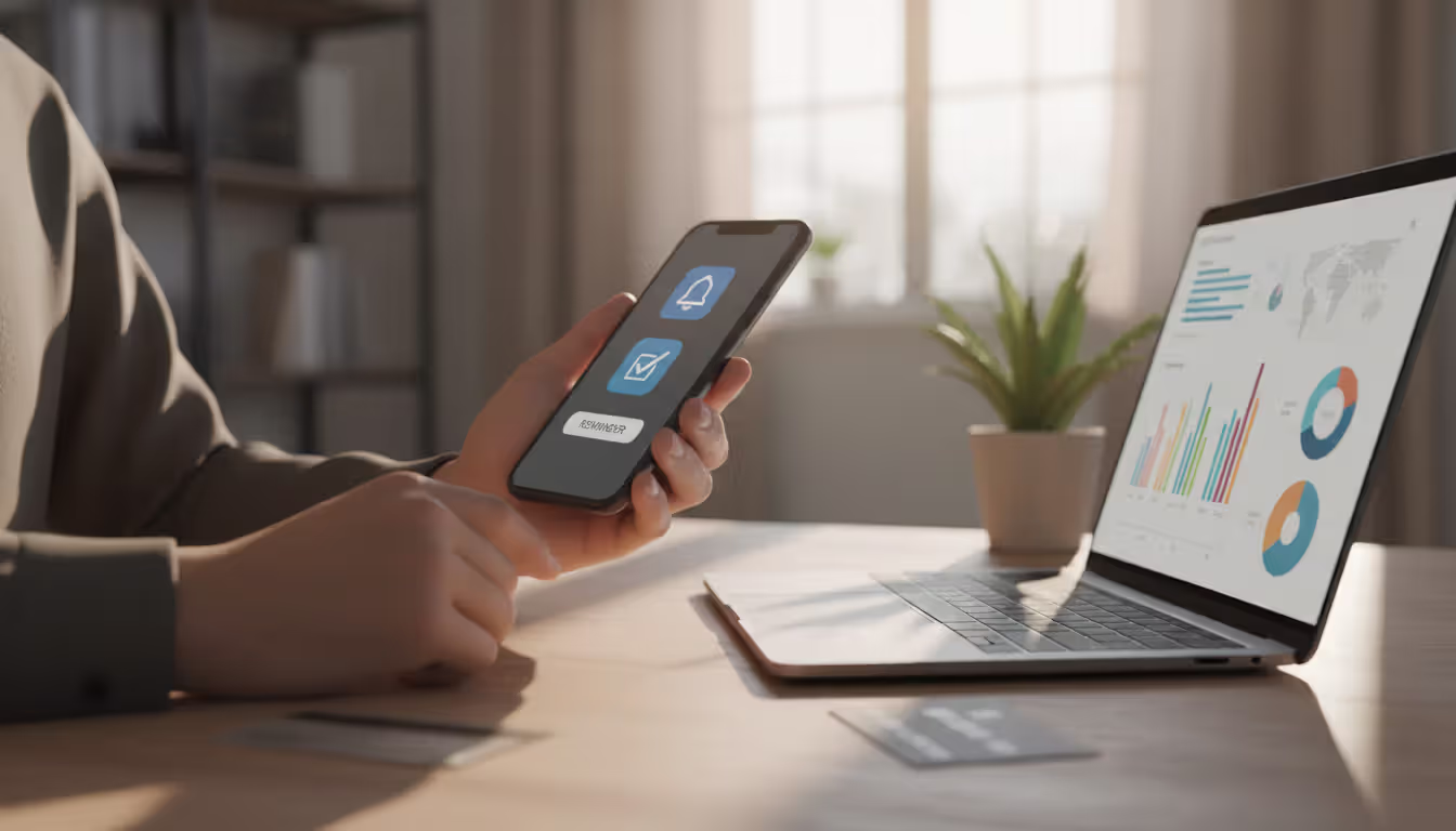Close-up of hands holding a smartphone with reminder notification icons, a credit card and part of a laptop visible on the desk nearby