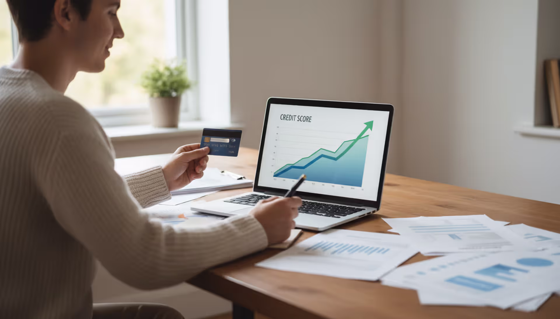Person sitting at a desk with a laptop showing a rising graph, holding a credit card and reviewing financial documents in a bright home office